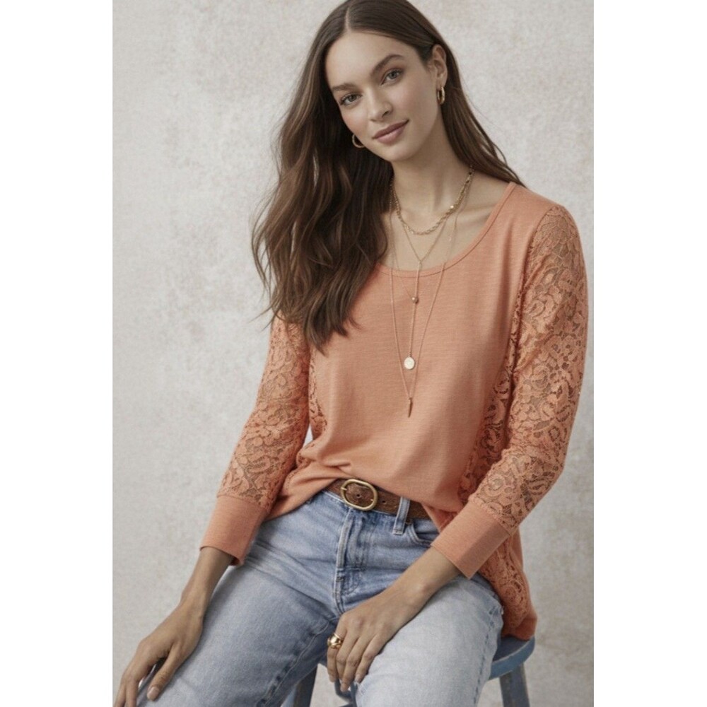 Sundance  Lace Long Sleeve Top M Embroidered Boho Coral Rustic Romantic